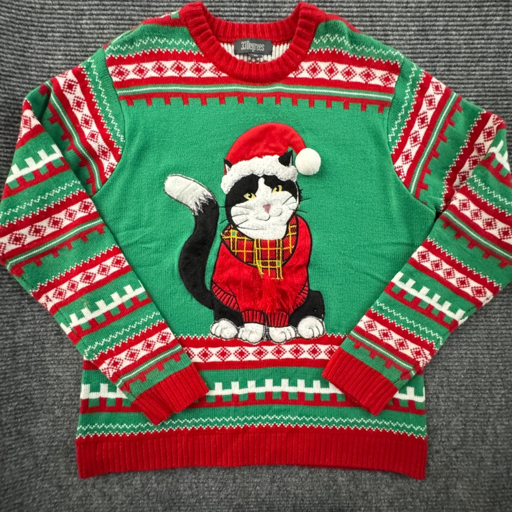 33 Degrees Ugly Christmas Sweater XL Green Cat Santa Hat 3D Action Tie E72814K
